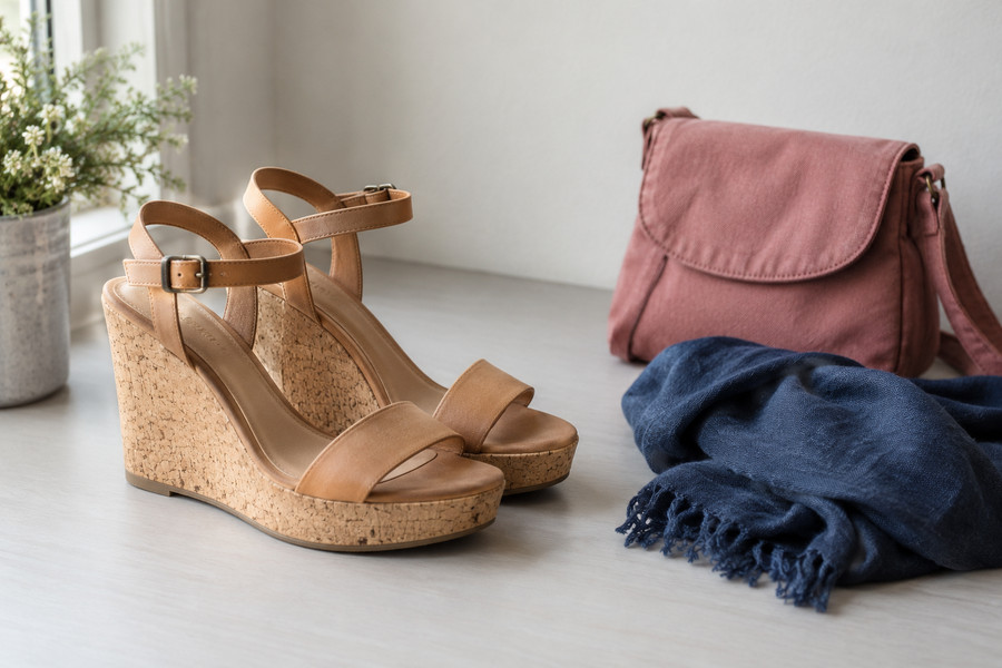 Illustrative tan cork-wedge sandals beside a navy scarf and dusty-rose canvas bag.